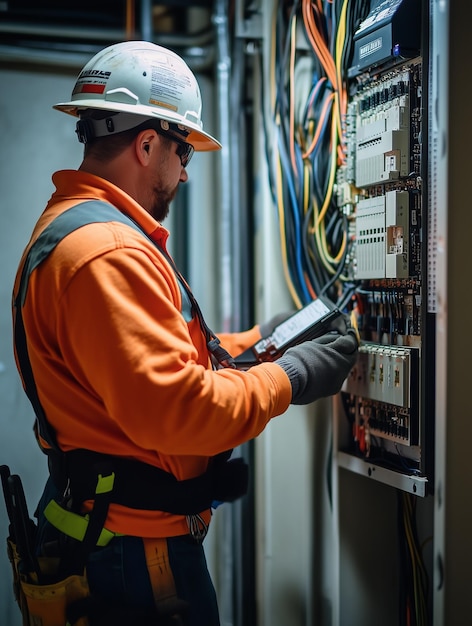 Electrician inspecting a complex electrical panel